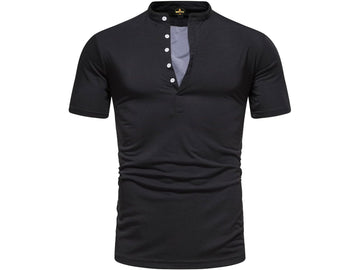 Black short-sleeve henley shirt on a white background
