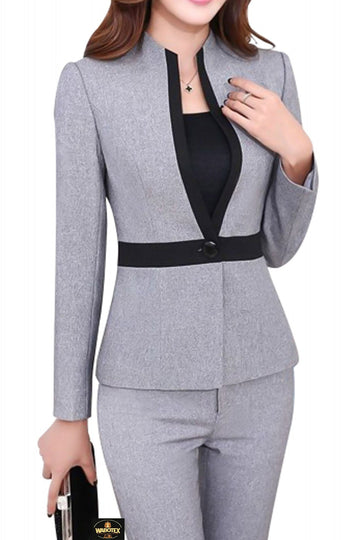 Gray business suit with black belt worn by a person on a white background