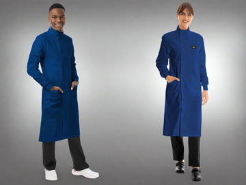 Two people wearing blue lab coats on a white background
