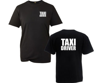 Black t-shirt with 'TAXI DRIVER' text on front and back