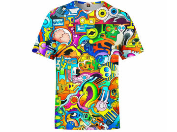 Colorful graphic t-shirt with abstract design on a white background