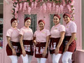 5 bakery ladies posing with tshirt and apron bakery uniform set