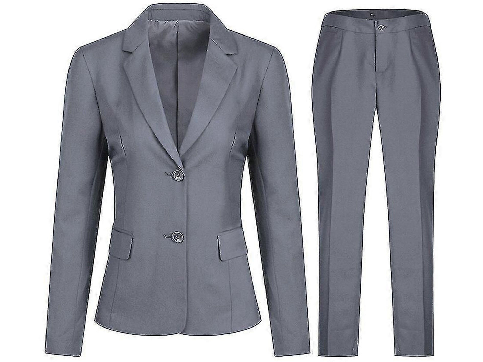 Gray suit jacket and pants on a white background