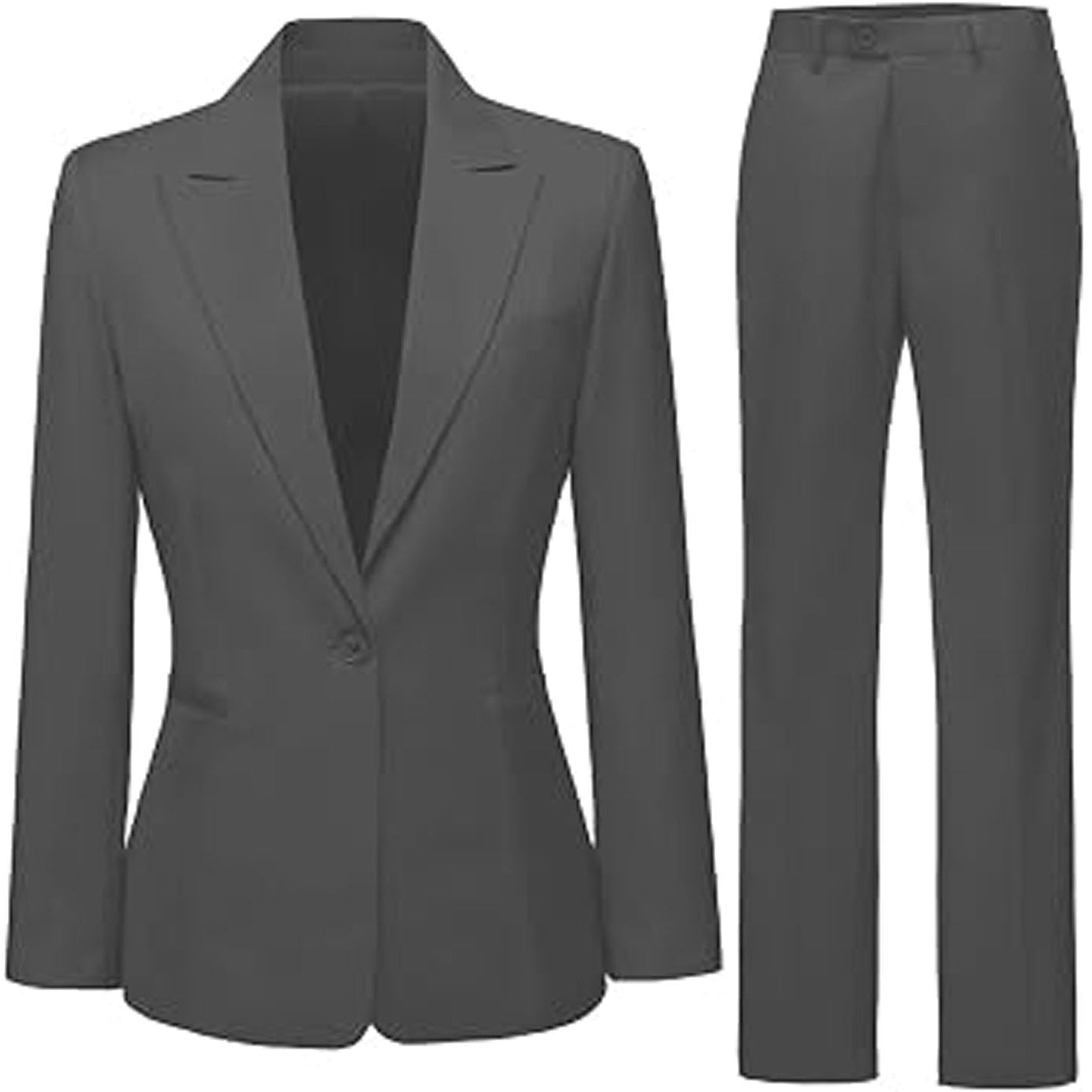 A women's two-piece suit set consisting of a dark gray blazer and matching trousers, displayed against a plain white background.