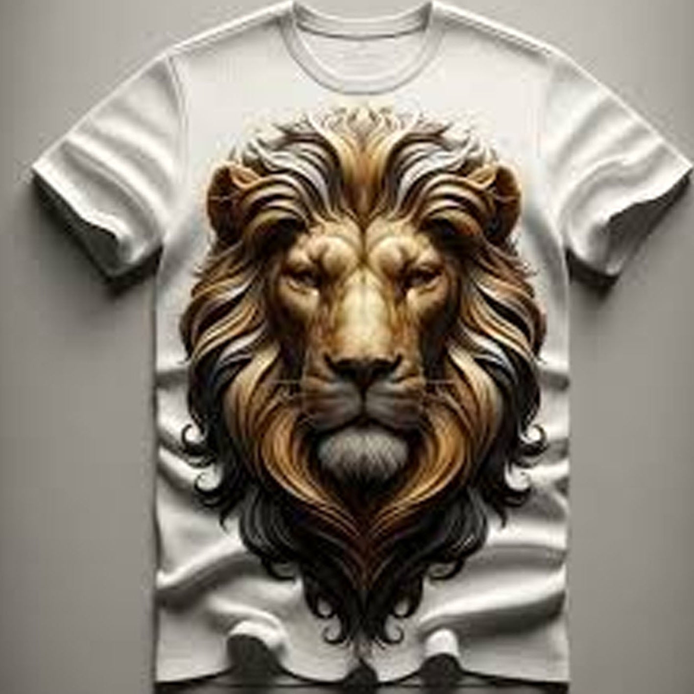 White t-shirt with a lion's head design on a plain background