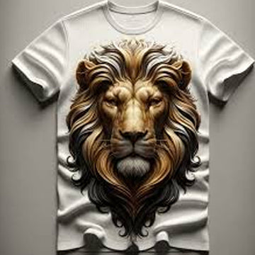 White t-shirt with a lion's head design on a plain background