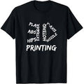 Black t-shirt with white text on a white background