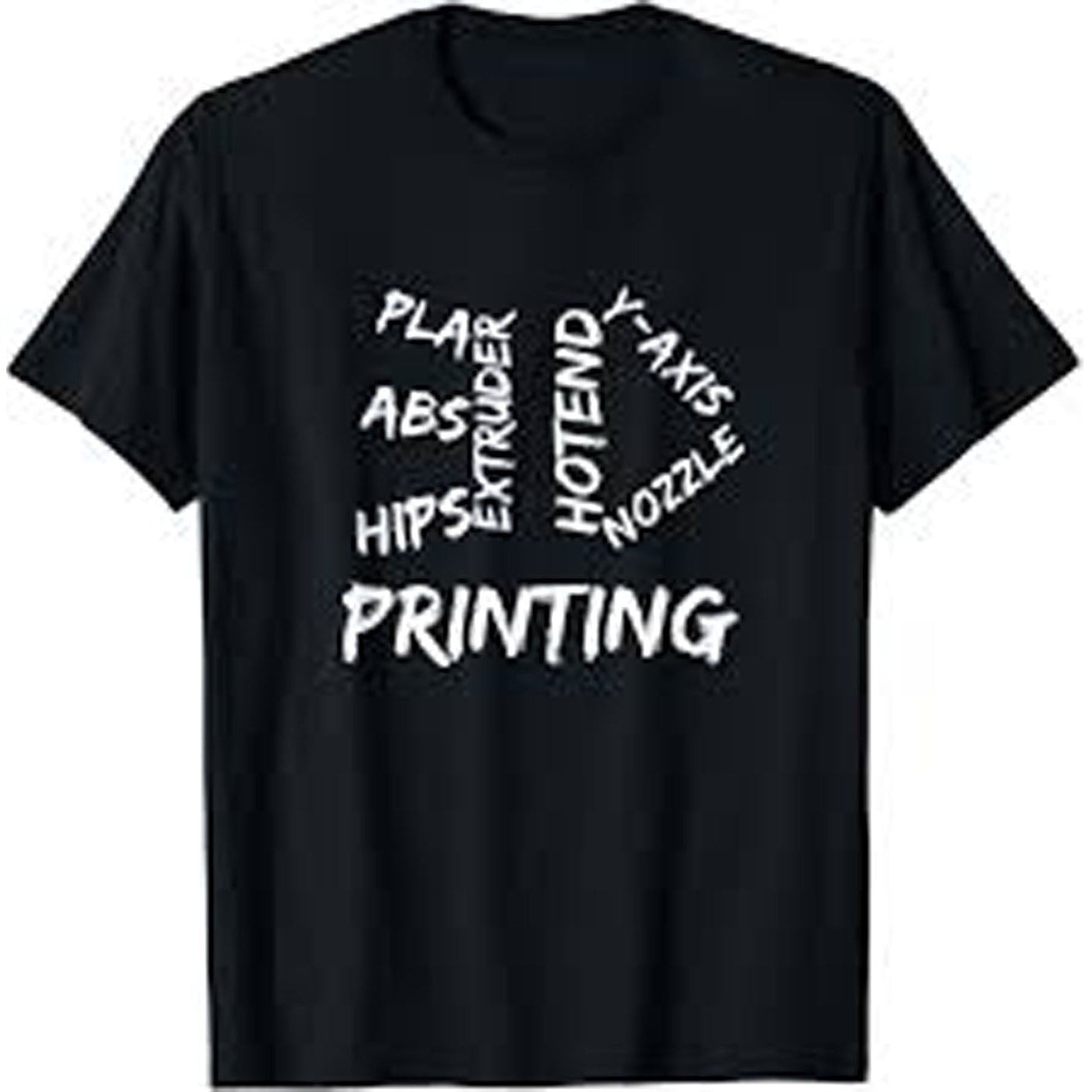 Black t-shirt with white text on a white background