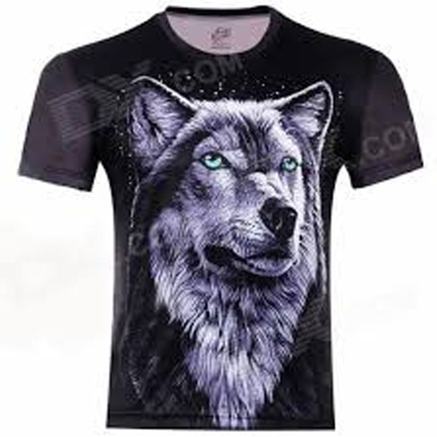 Black t-shirt with a wolf graphic design on a white background