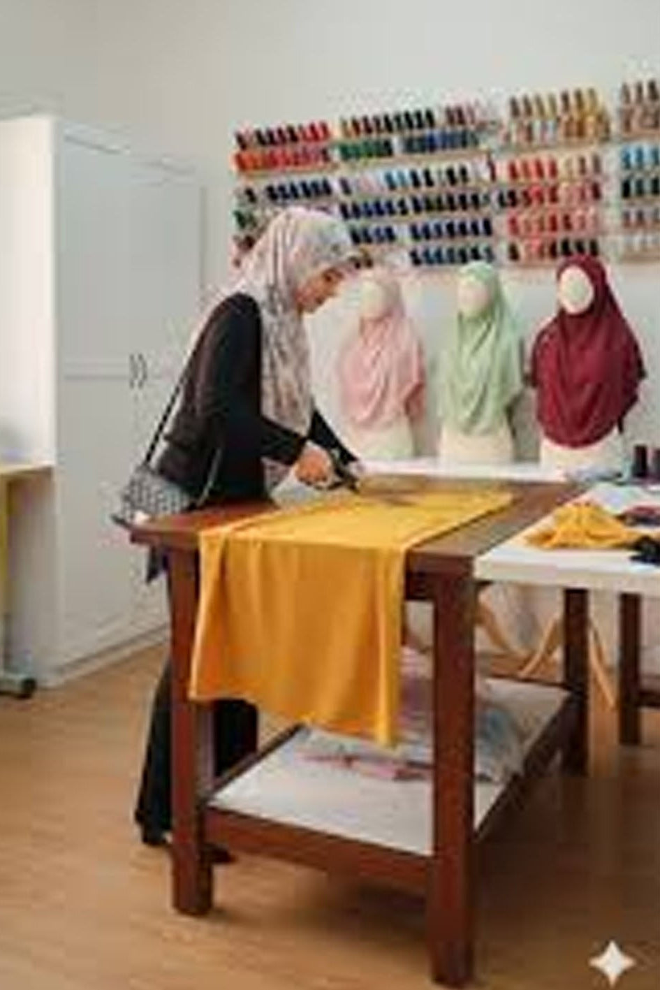 Person working at a table with a yellow cloth in a room with a display of headscarves on the wall.