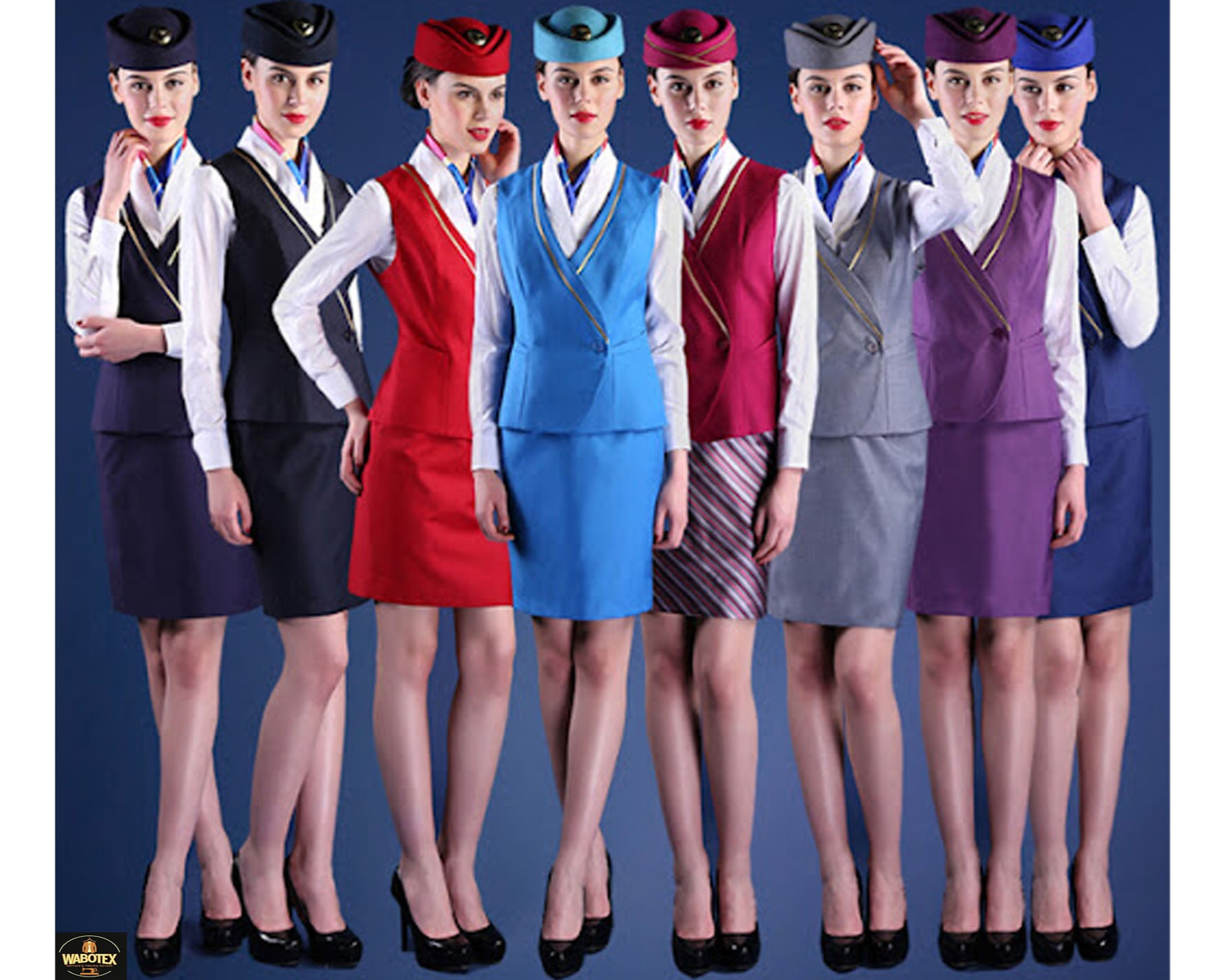 Row of women in colorful uniforms against a blue background