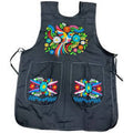 Black apron with colorful floral embroidery on a white background