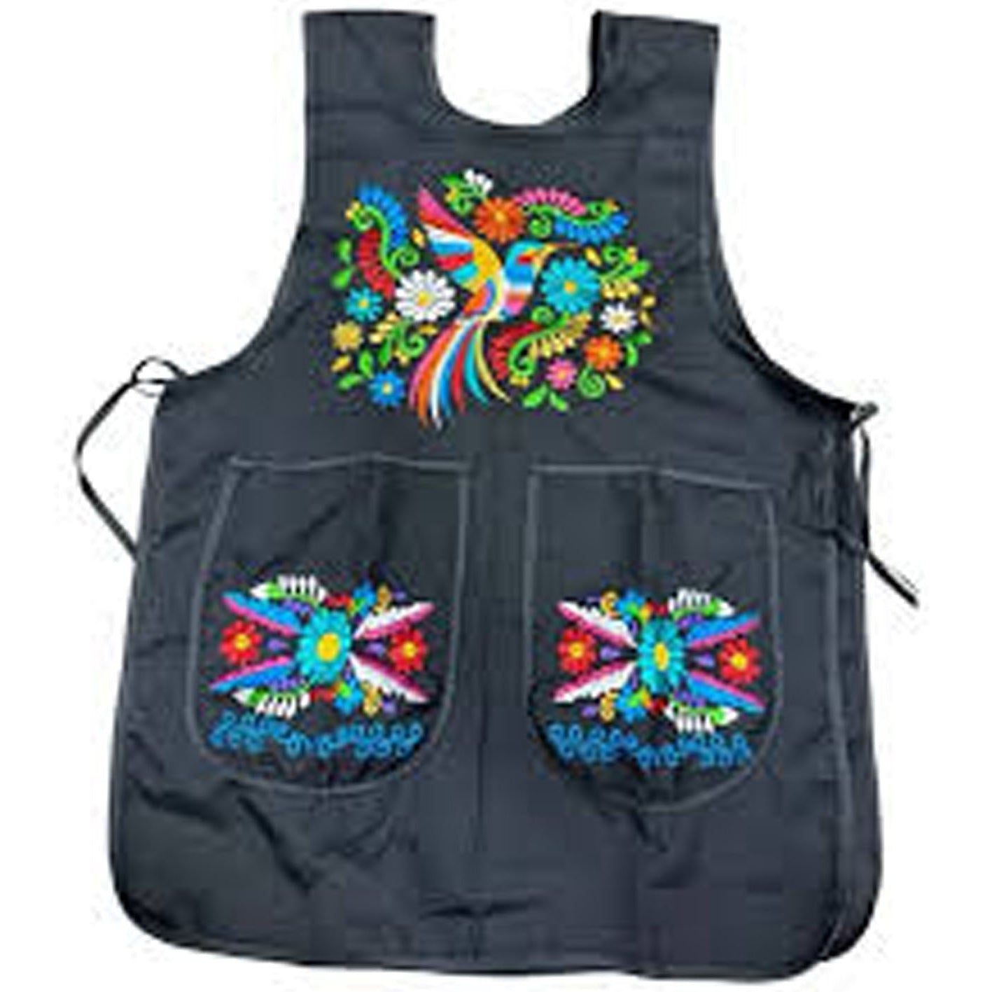 Black apron with colorful floral embroidery on a white background
