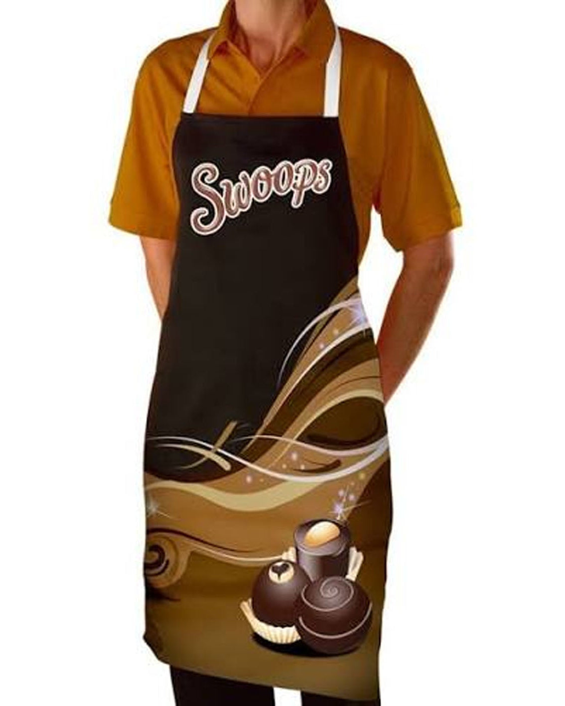 A person wearing a black apron with white straps and a brown and gold chocolate swirl graphic, featuring the word 'Swoops' in white script with a red outline across the chest. The person is also wearing a mustard yellow polo shirt, shown against a plain white background.