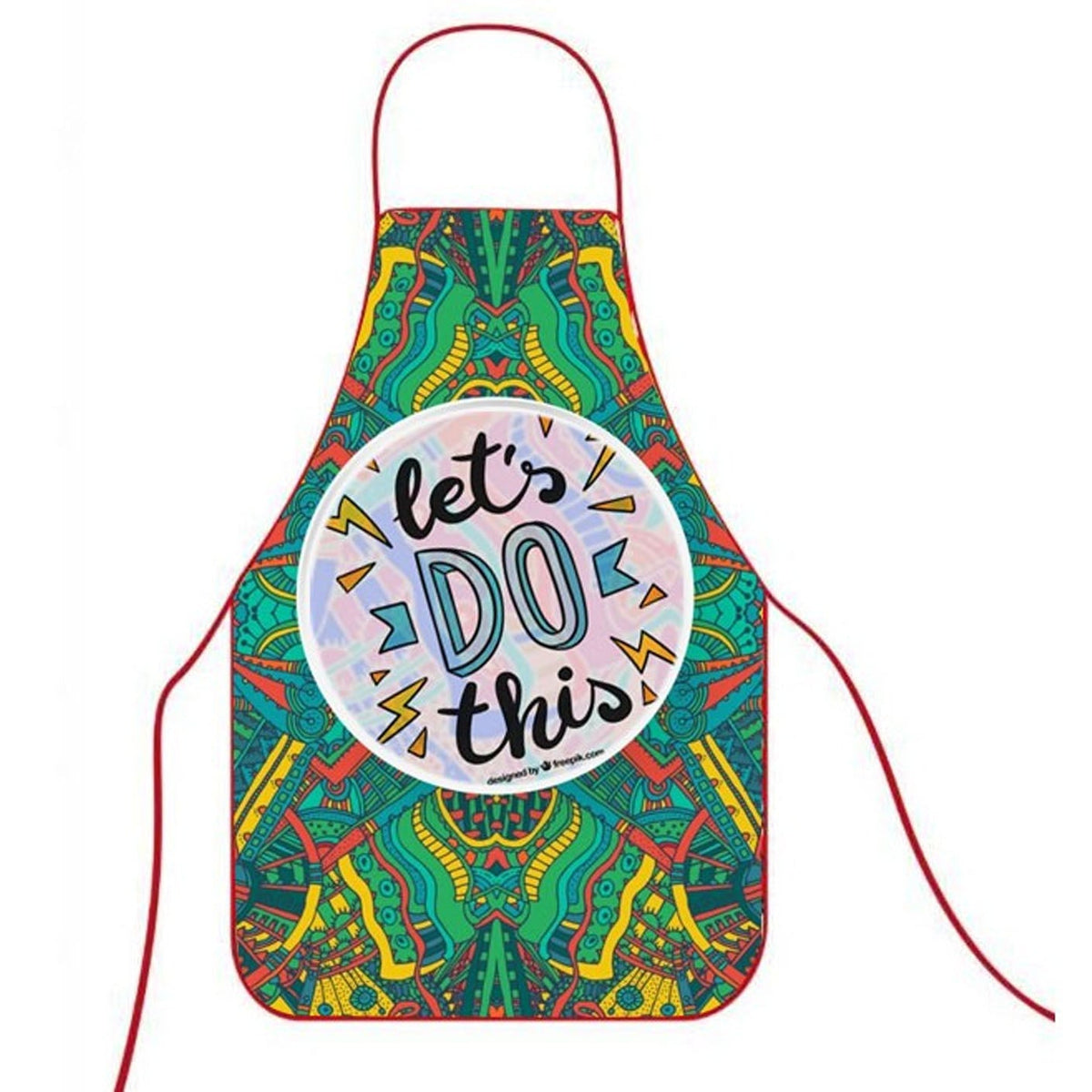 A colorful apron with a red neck loop and waist ties, featuring a vibrant green, yellow, and blue mandala pattern. A large white circular graphic in the center reads 'let's DO this' in stylized lettering.