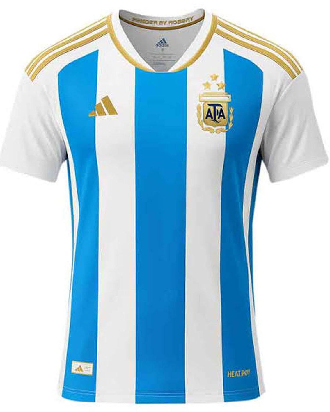Blue and white striped soccer jersey with Adidas logo on a white background