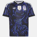Black sports jersey with blue patterns and Adidas logo on a white background