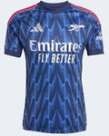 Blue sports jersey with Emirates and Adidas logos on a white background