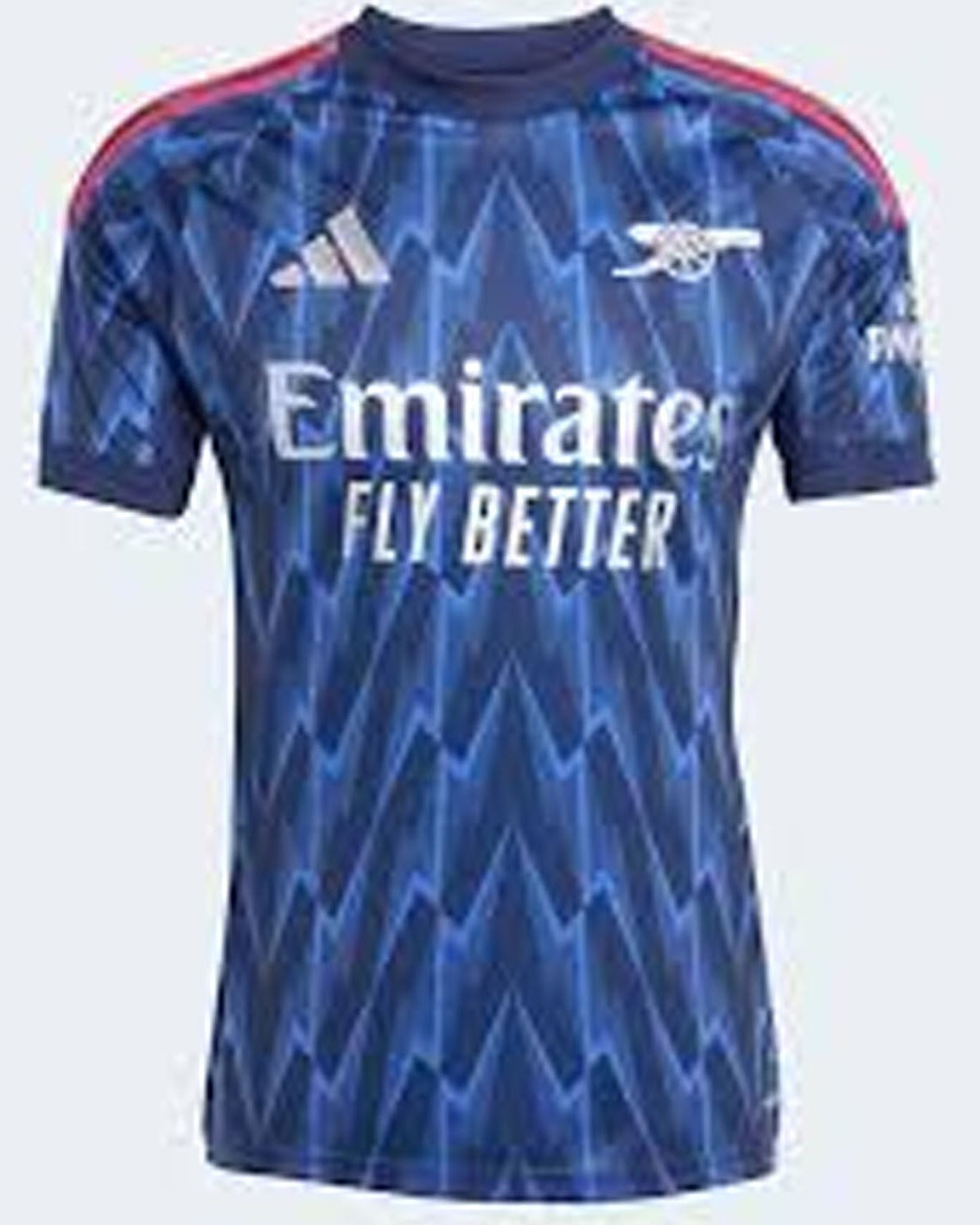 Blue sports jersey with Emirates and Adidas logos on a white background