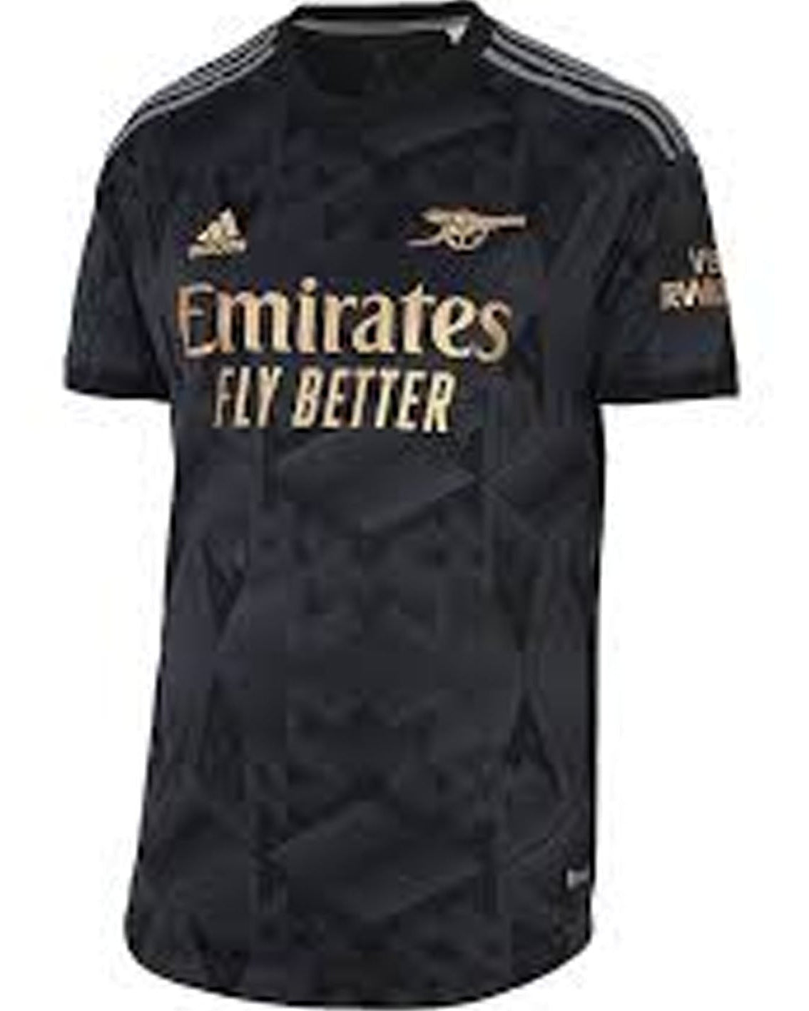 Black sports jersey with gold and white text on a white background