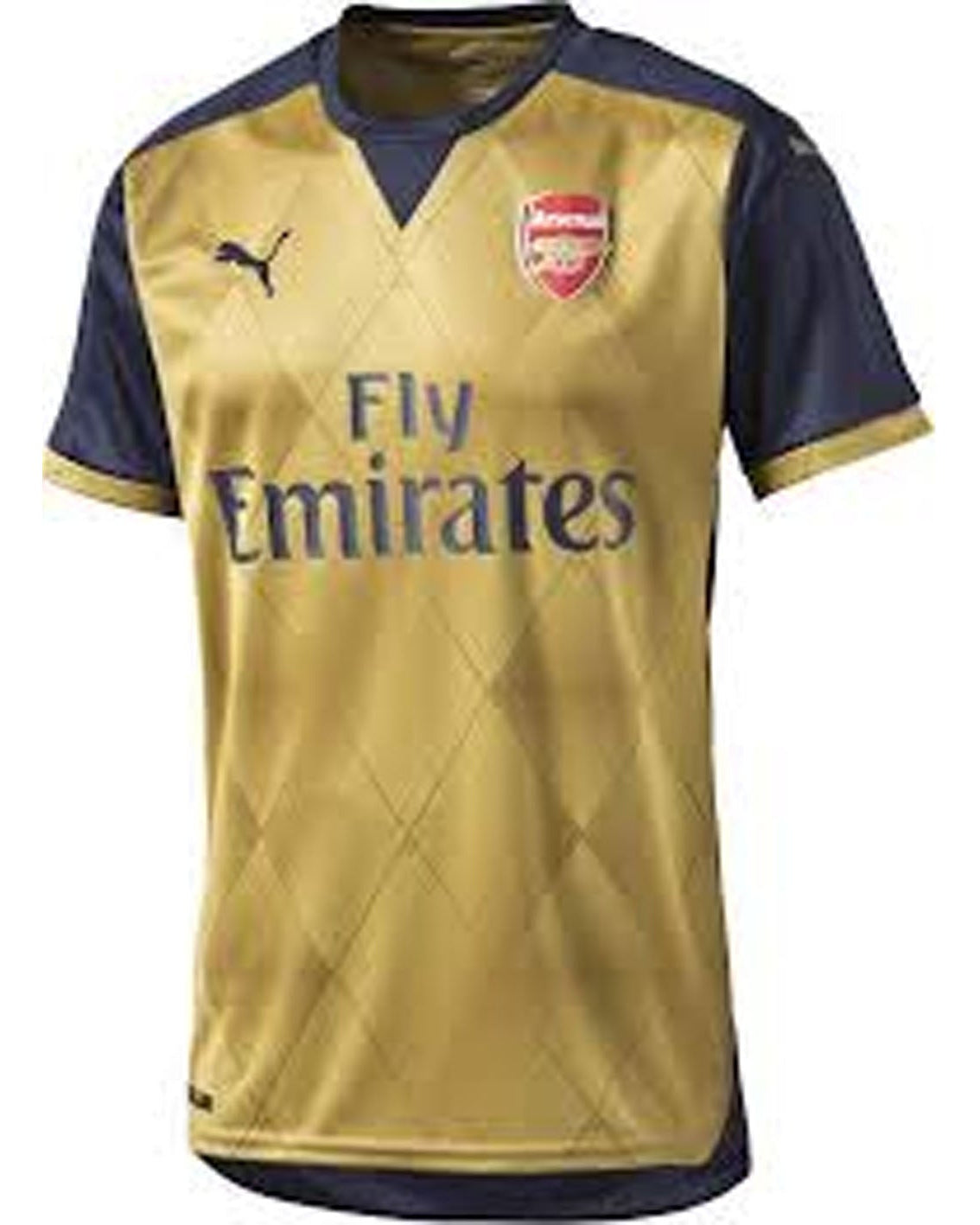 Gold and navy sports jersey with Emirates and Puma logos on a white background