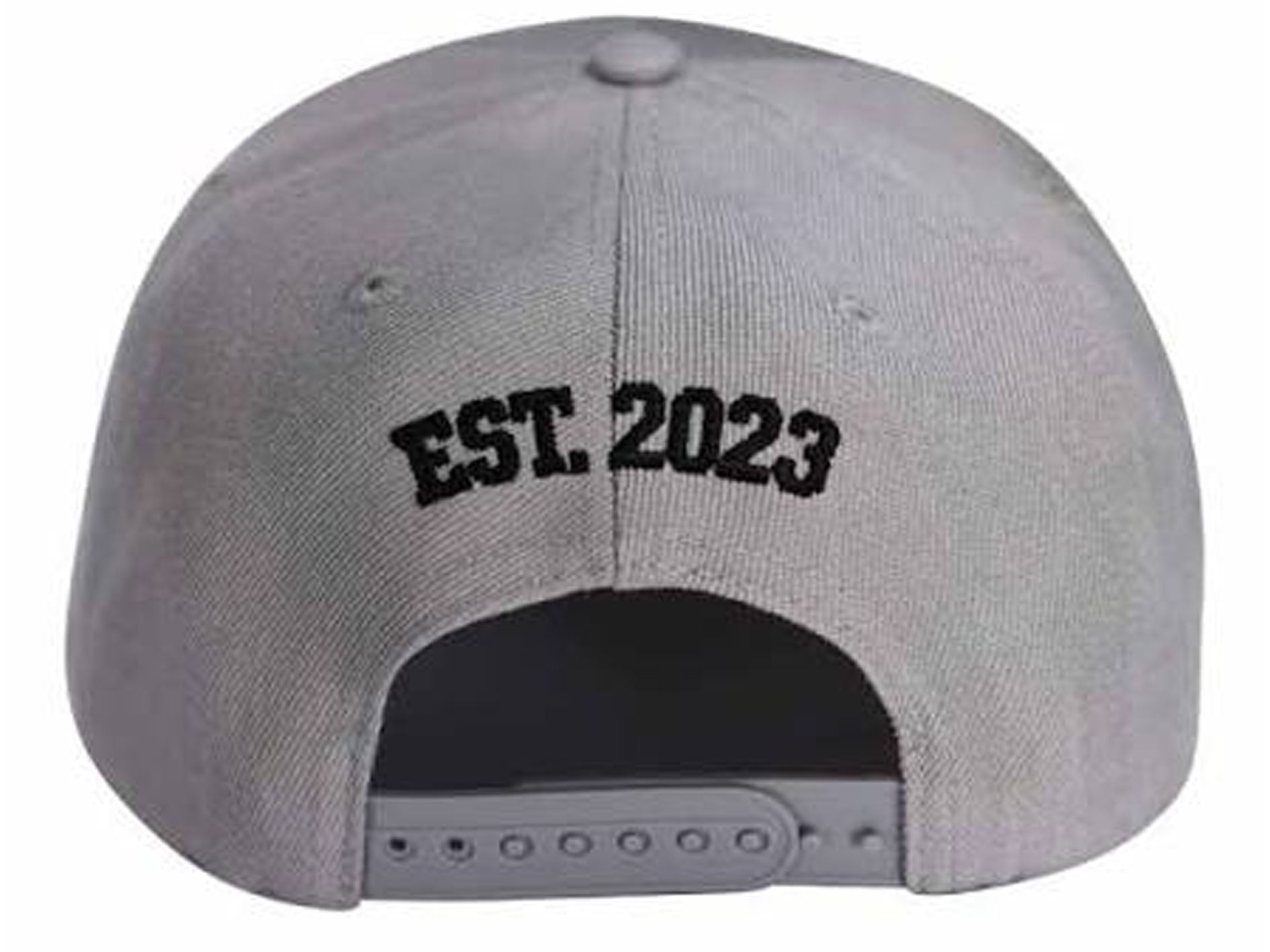 A light gray snapback cap shown from the back, featuring 'EST. 2023' embroidered in black arched lettering on the crown.