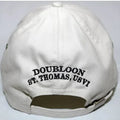 An off-white baseball cap shown from the back, featuring black embroidered text that reads 'DOUBLOON ST. THOMAS, USVI'.