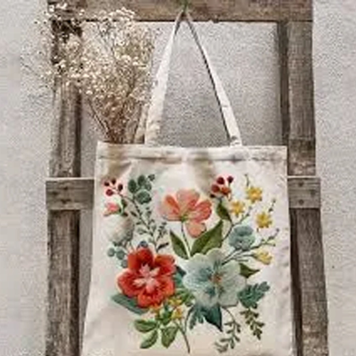 Embroidered Jute bag on a ladder background