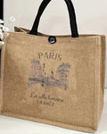 Jute bag with 'Paris' and Eiffel Tower design on a light background