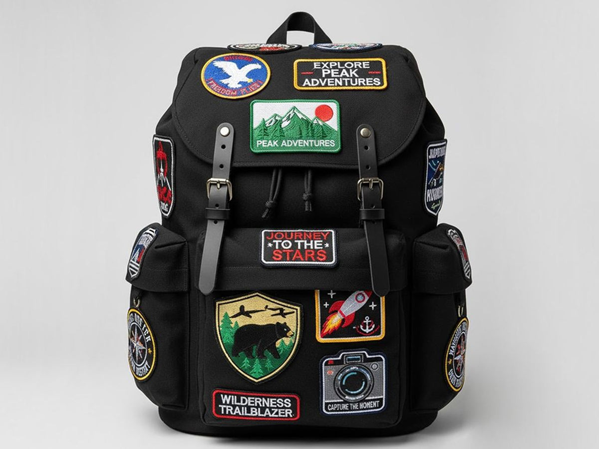 A black backpack covered with multiple colorful embroidered patches and badges, photographed against a light gray studio background.