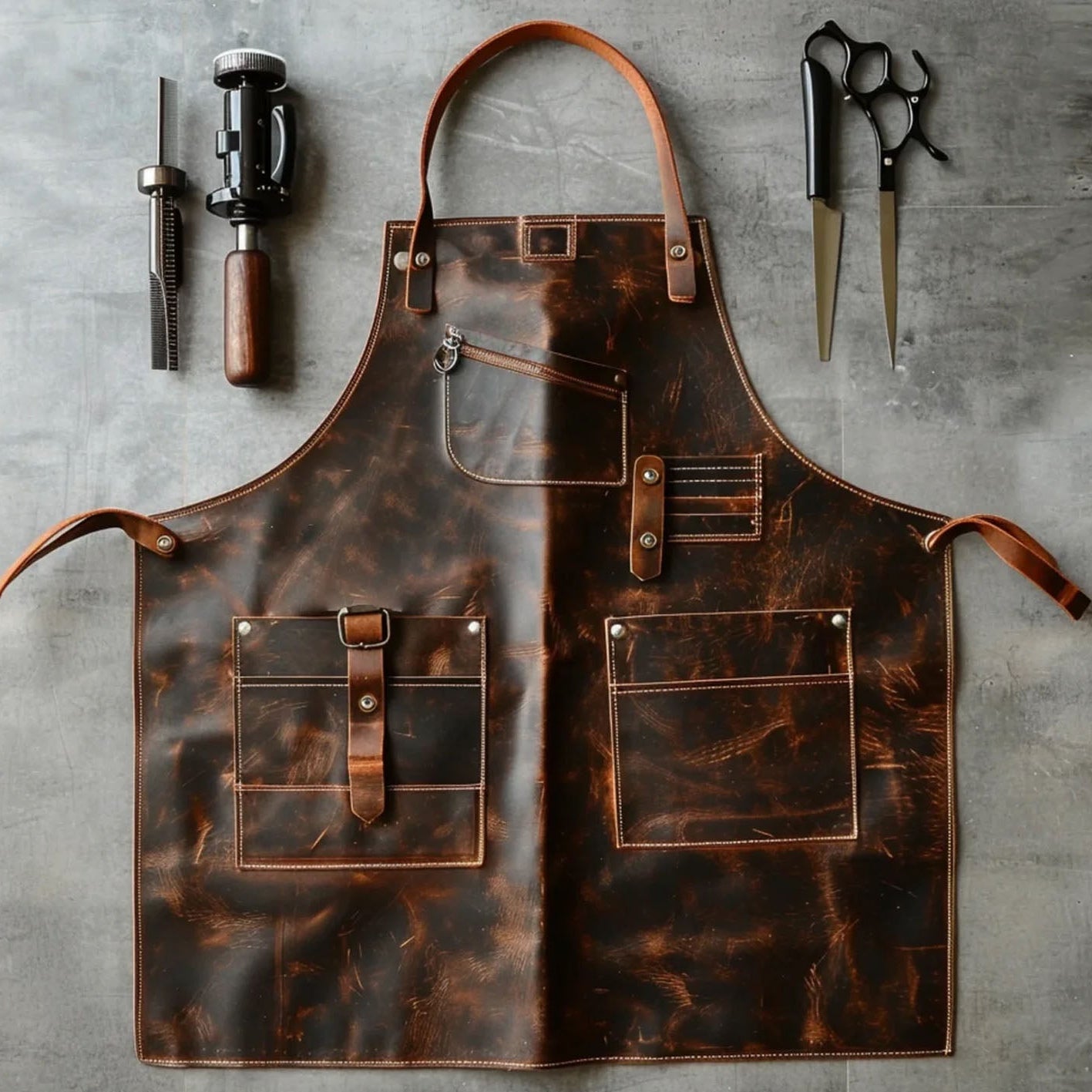 A dark brown distressed leather apron with multiple pockets and straps, laid flat on a gray textured surface with leatherworking tools arranged around it.