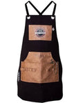 A black bib apron with two brown leather-like front pockets and adjustable shoulder straps, shown against a plain white background.