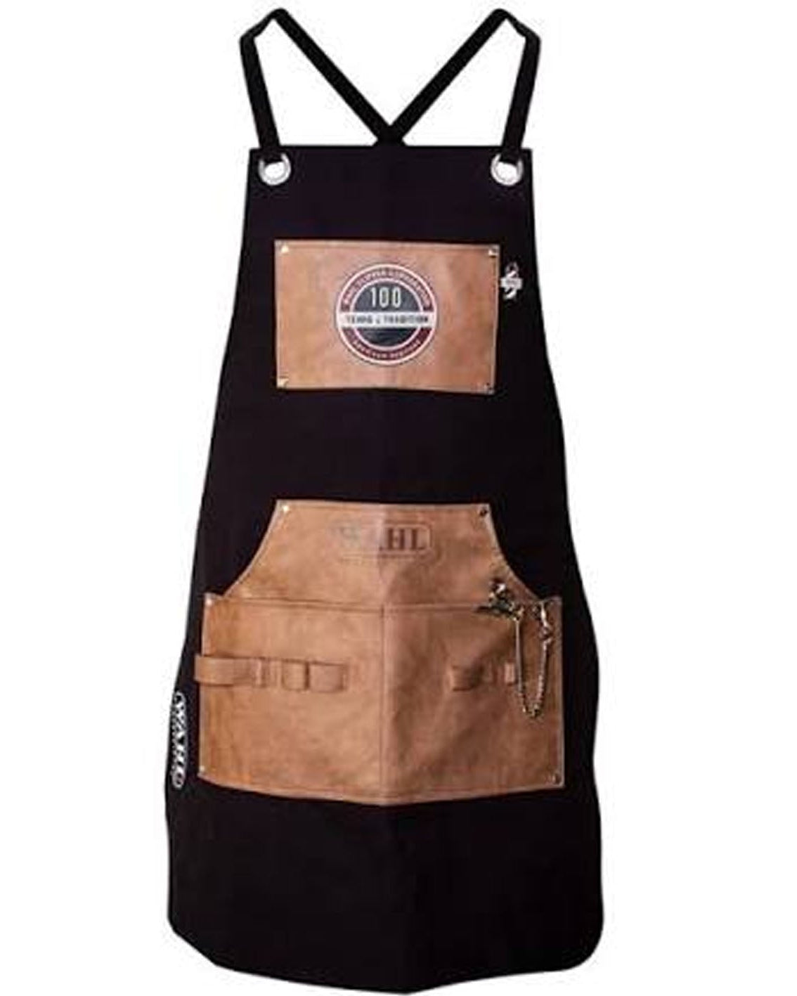 A black bib apron with two brown leather-like front pockets and adjustable shoulder straps, shown against a plain white background.