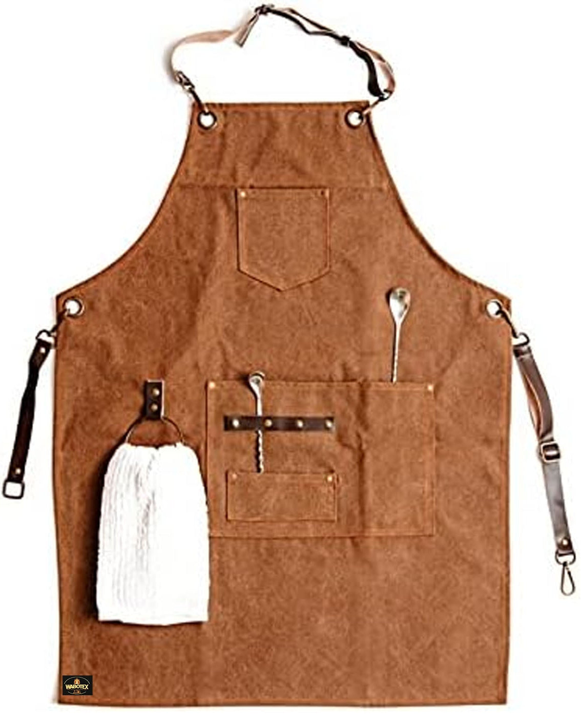 Brown apron with multiple pockets and a hanging strap on a white background