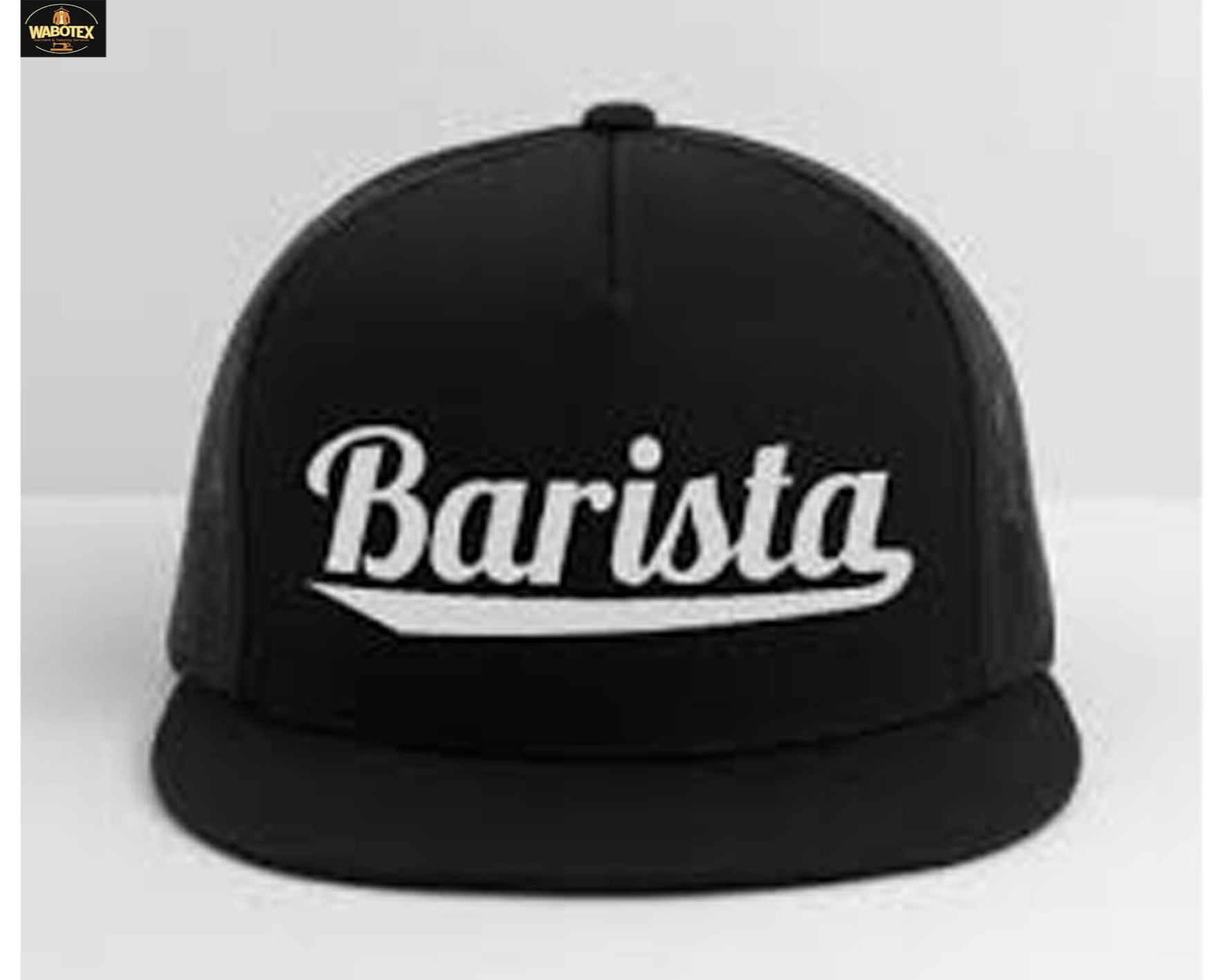 Black cap with 'Barista' text on a light gray background