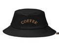 Black bucket hat with 'COFFEE' text on a white background