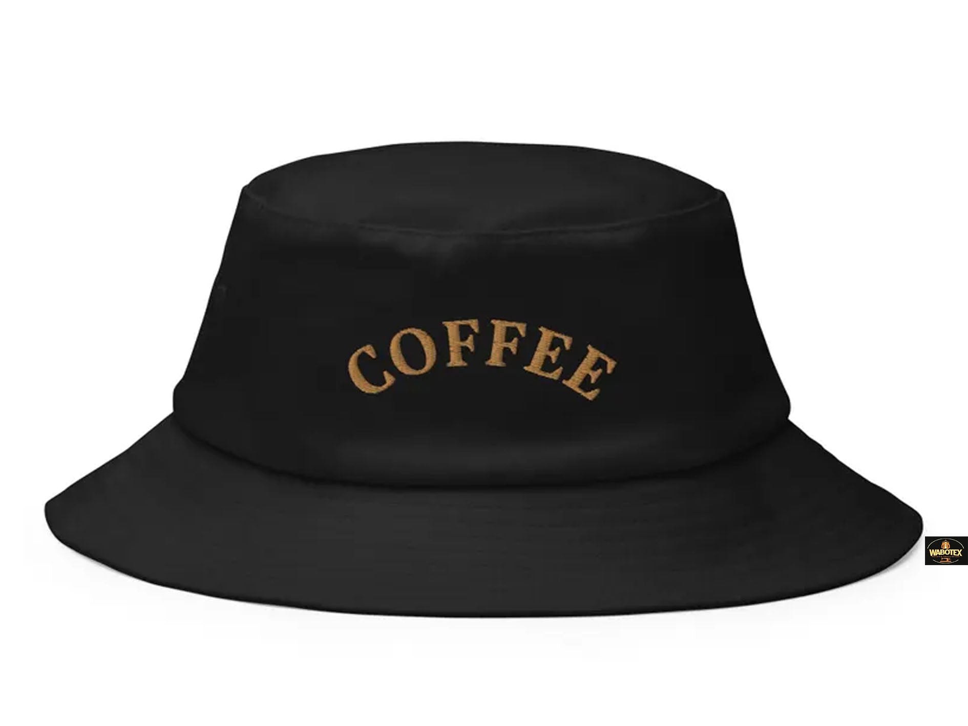 Black bucket hat with 'COFFEE' text on a white background