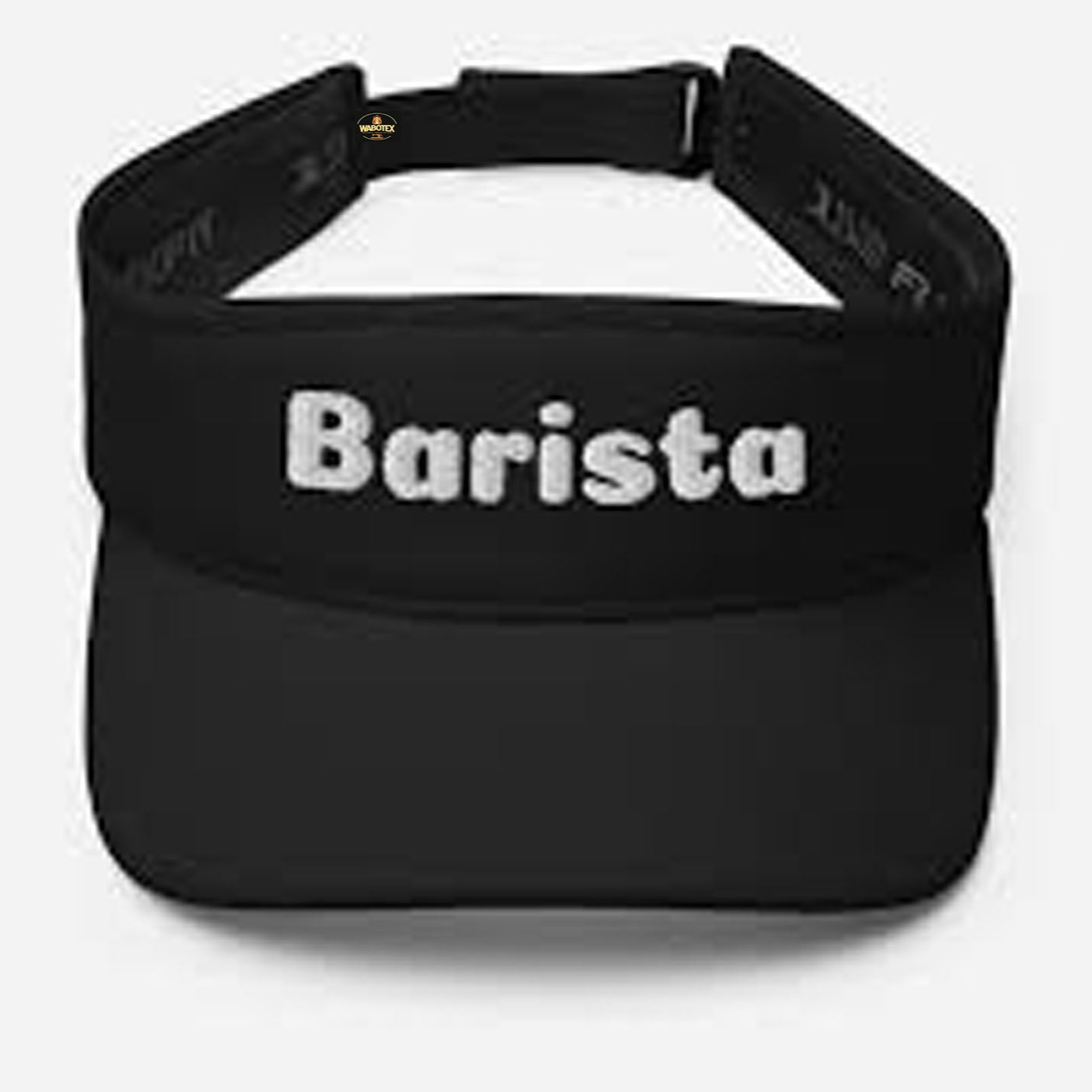 Black visor with 'Barista' text on a white background