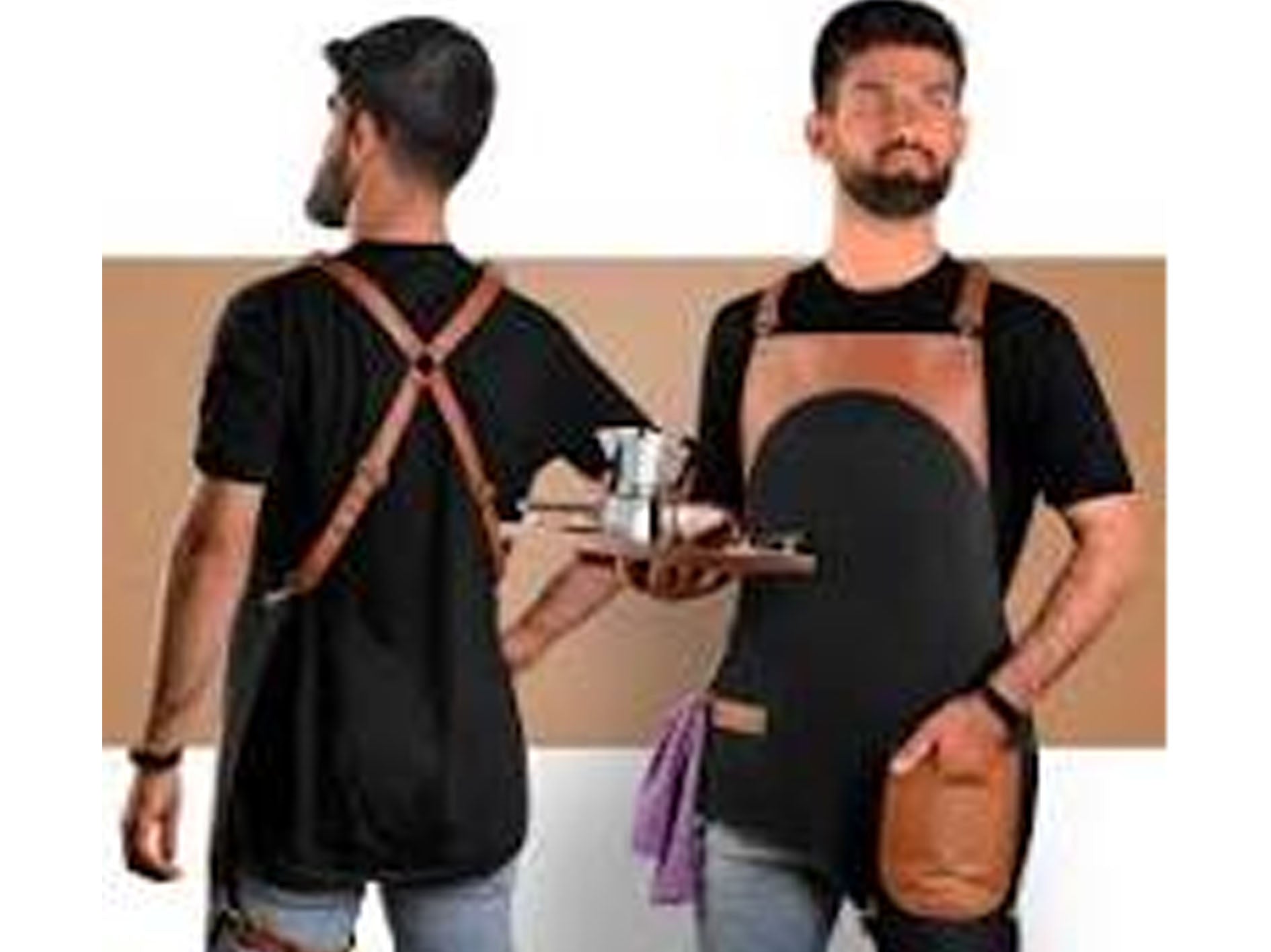 Two people wearing black aprons with brown leather straps against a beige background