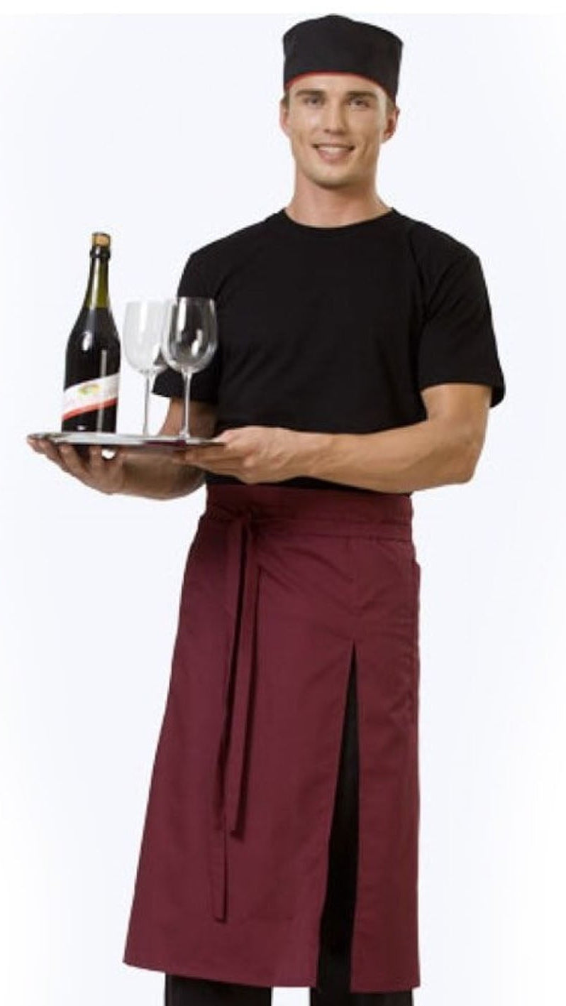 Waiter holding a tray with a bottle and glasses on a white background