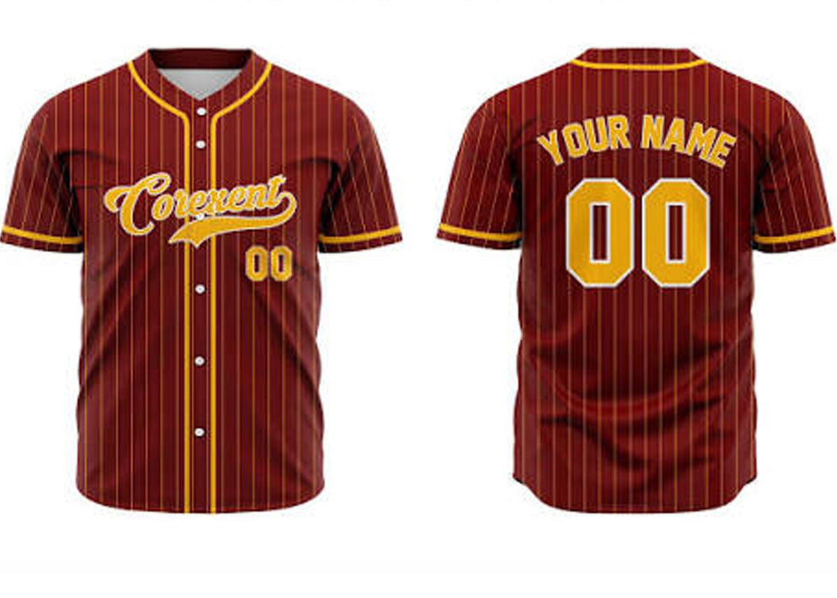 Maroon baseball top with golden lining front and back view