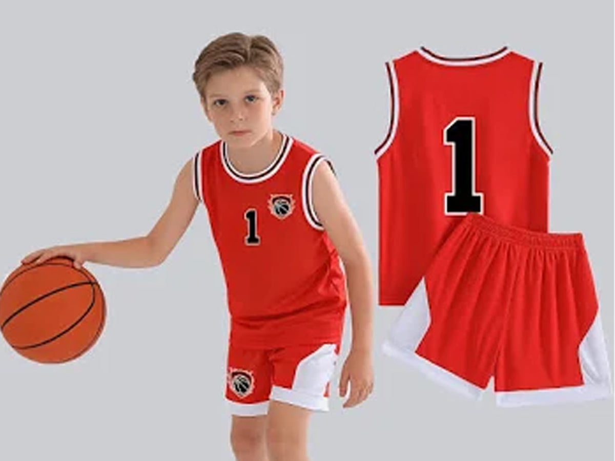 Red and white kids basket ball jersey