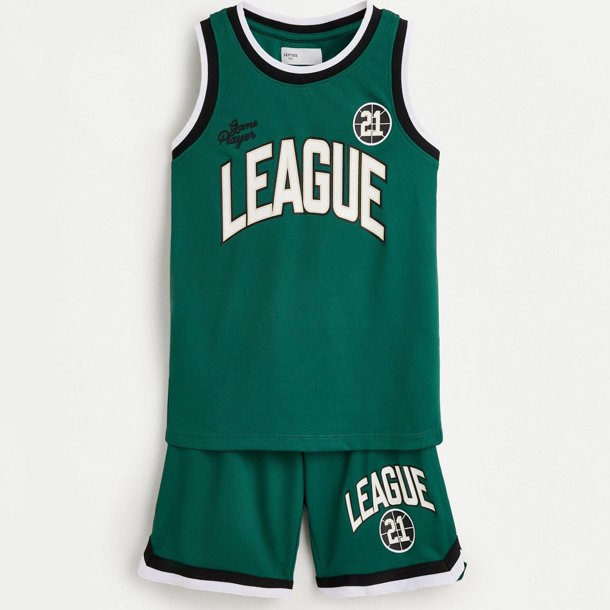 Green and white kids basket ball jersey