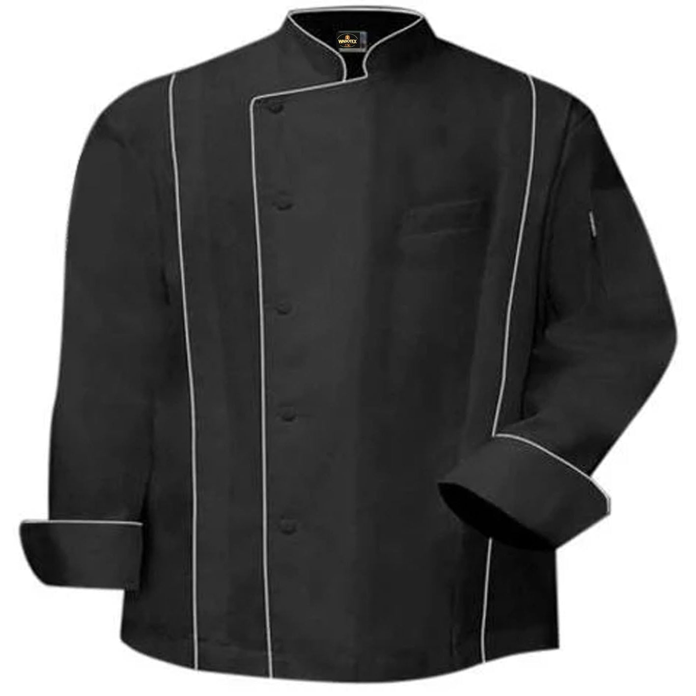 Black chef's coat with white piping on a white background