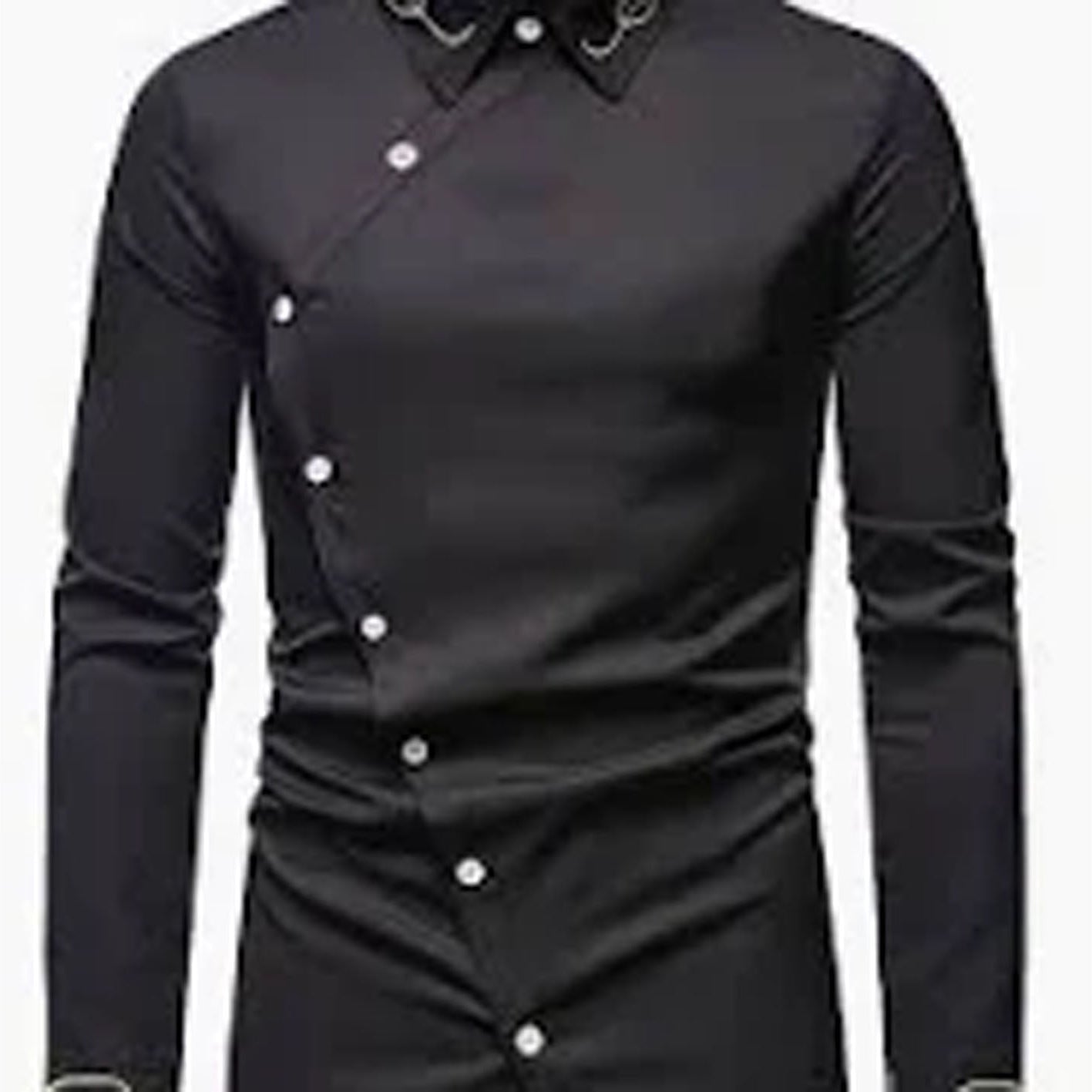 Black dress shirt with white buttons on a white background
