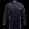 Black chef's coat with white piping on a black background