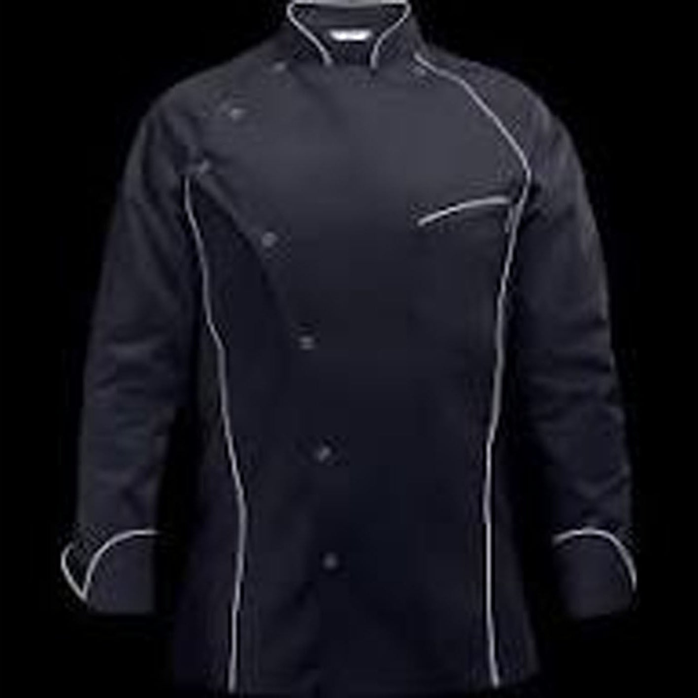 Black chef's coat with white piping on a black background
