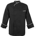 Black chef's coat with white trim on a white background