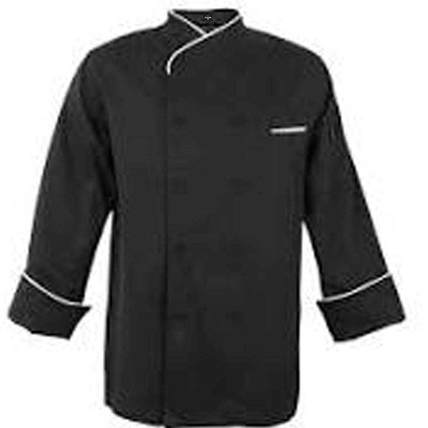 Black chef's coat with white trim on a white background