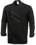 Black chef's coat with white piping on a white background